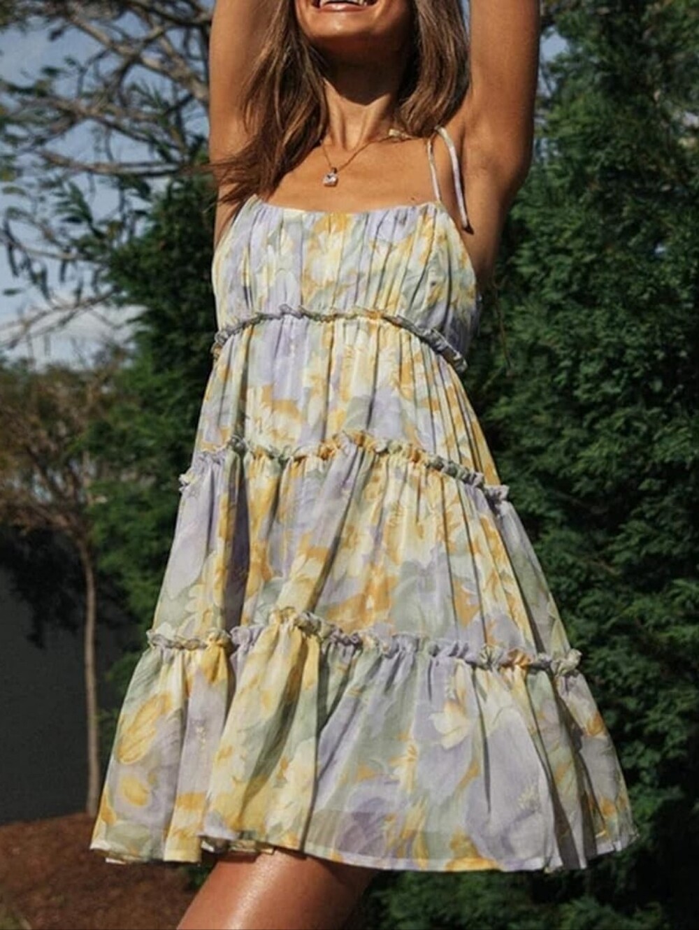 AMBITION Multi Floral Tier Dress with Shoulder Tie Straps